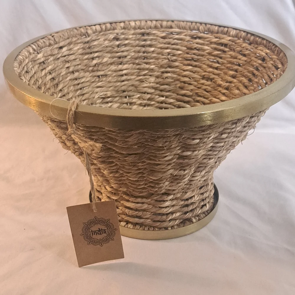 Handwoven Seagrass Basket Bowl Gold Trim Planter Boho Decor India 10in